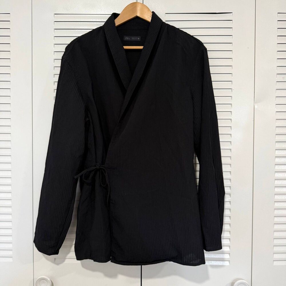 Zara Women’s L Black Kimono Wrap Jacket Textured Side Tie Minimalist Top
